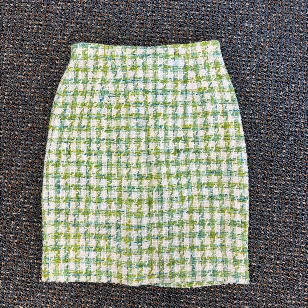 Jones New York Green Plaid Tweed Mini Skirt Size 4 Cotton Linen Blend